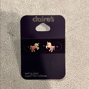 Claire's Sterling Silver Unicorn Earrings - Pink and Cream